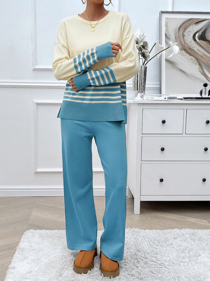 Divine Collection Slit Striped Round Neck Top and Pants Sweater Set