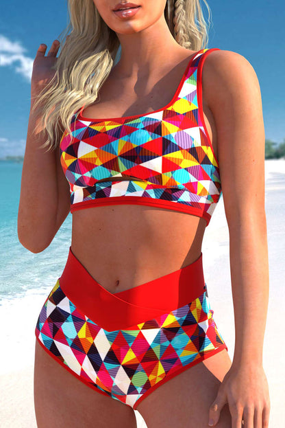 Red 2pcs Geometric Print High Waisted Bikini