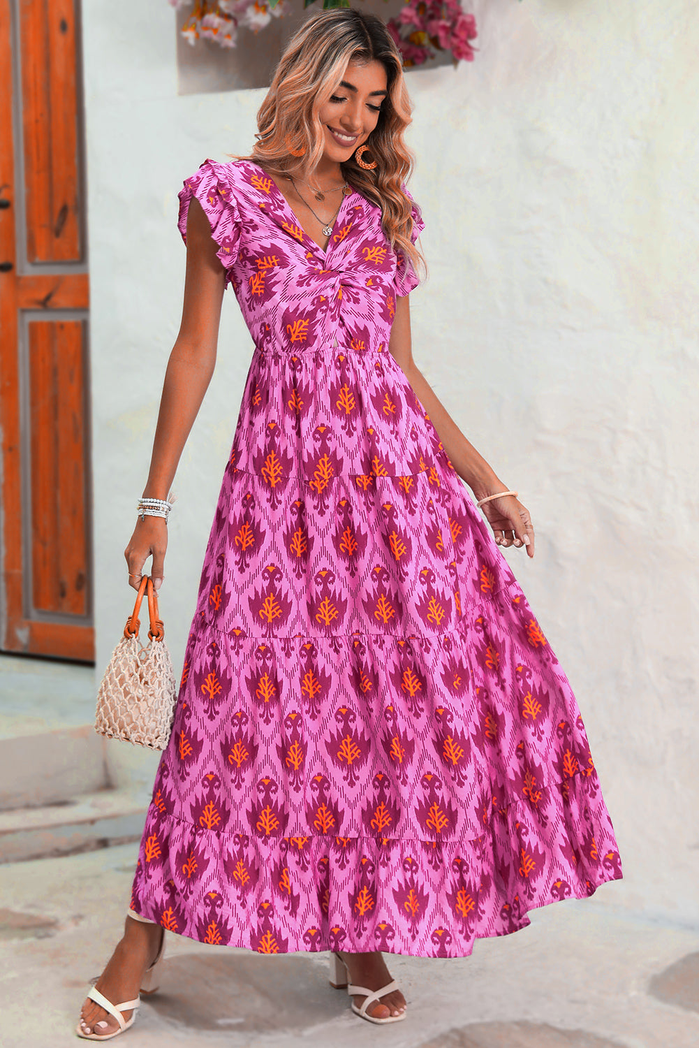 Abstract Print Ruffle Tiered Maxi Dress