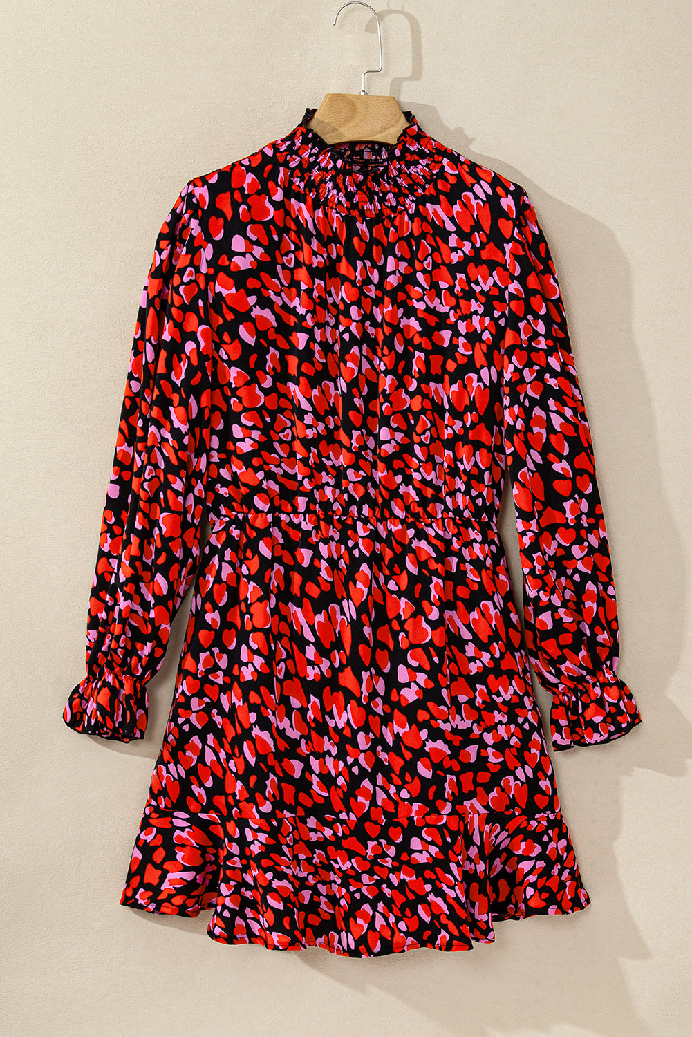 Red Heart Shape Print Long Sleeve Mini Dress