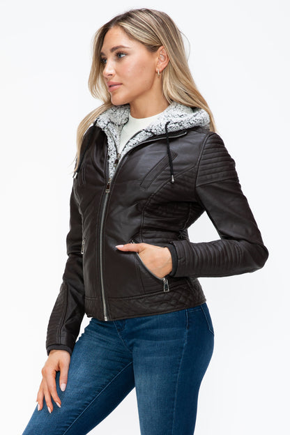 Faux Layered Double-Zipper Jacket with Fuzzy Hood