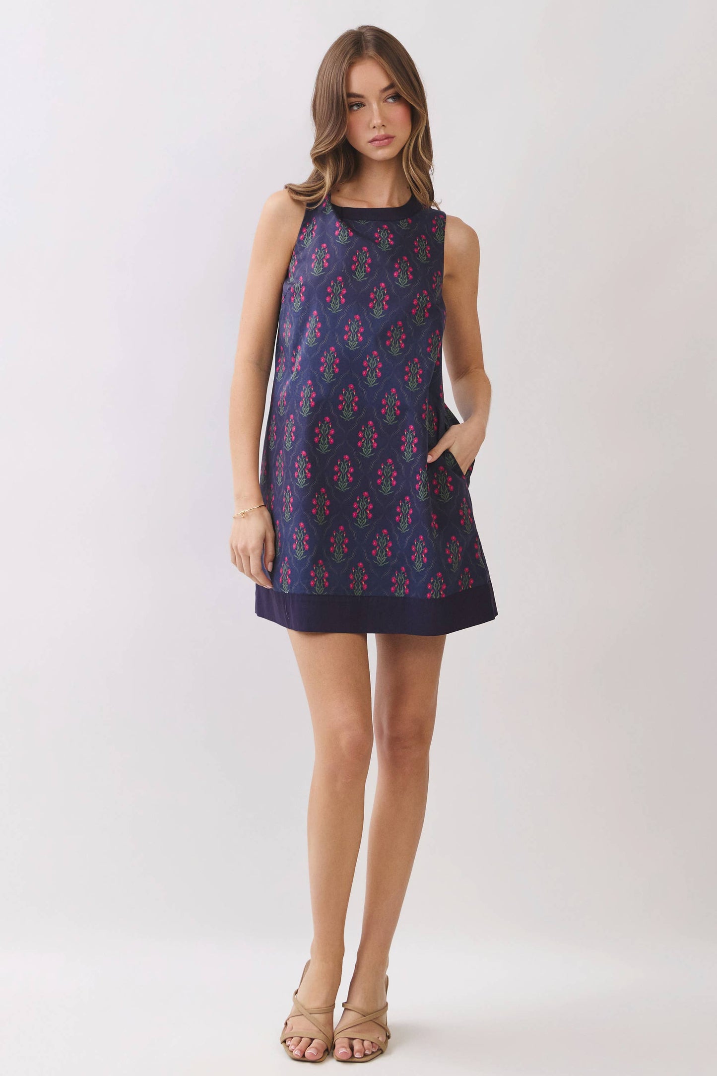 Floral Border Back Zipper Shift Mini Dress