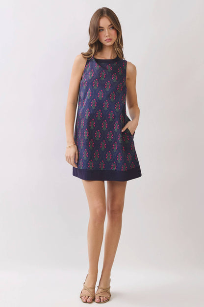 Floral Border Back Zipper Shift Mini Dress