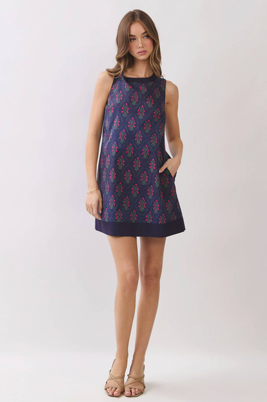 Floral Border Back Zipper Shift Mini Dress