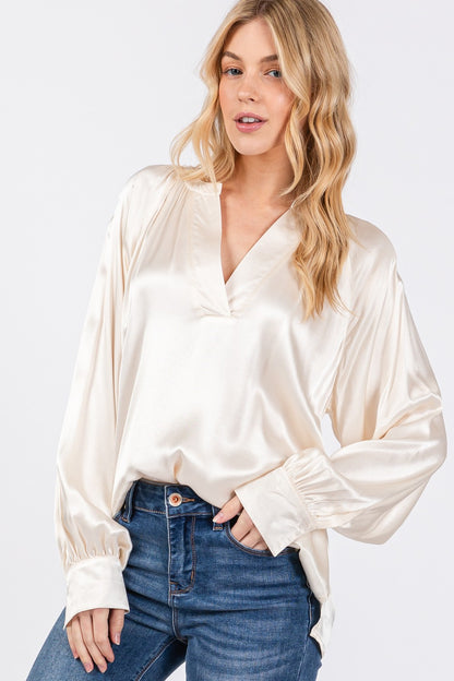 Satin Notched Long Sleeve Blouse