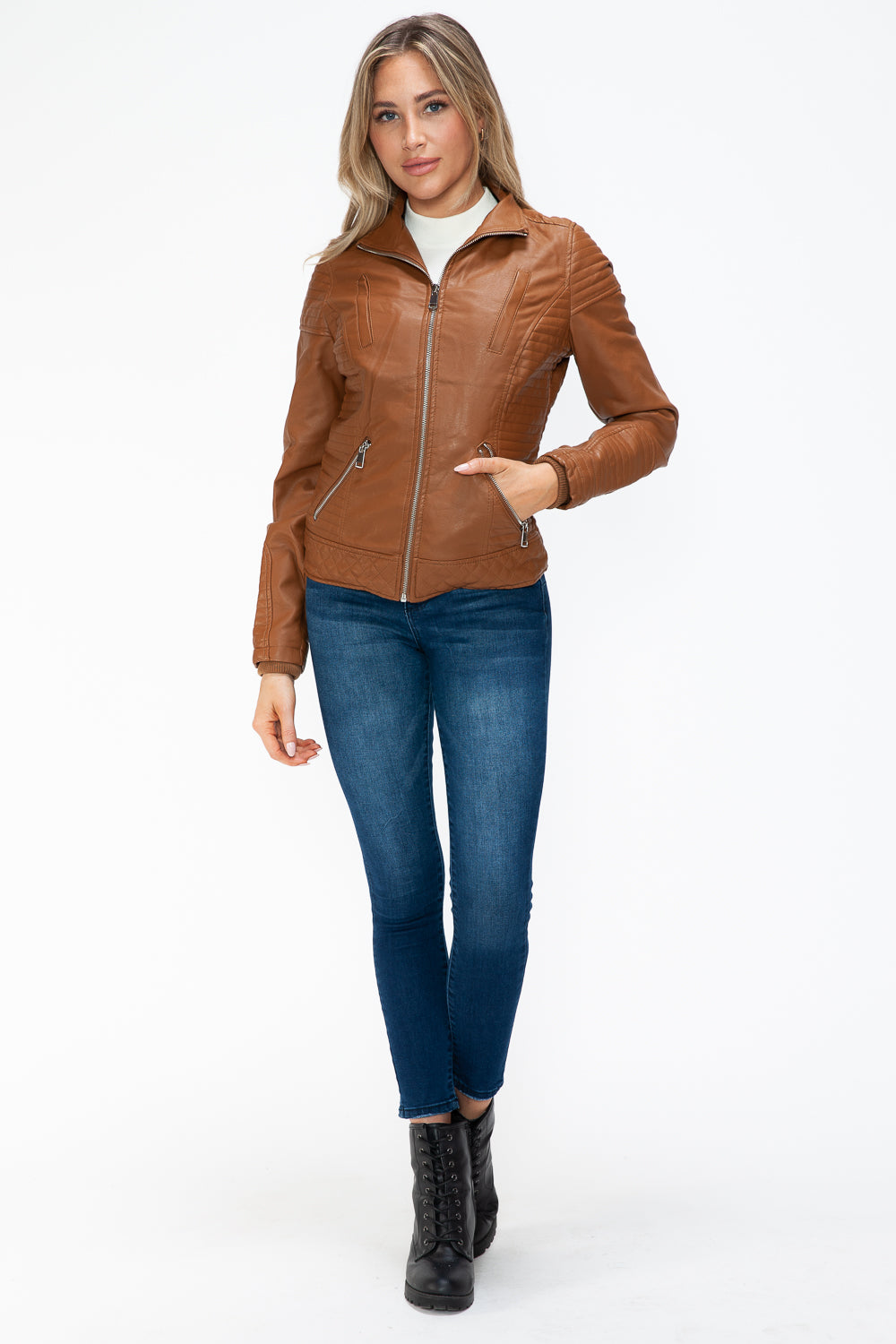 Faux Layered Double-Zipper Jacket with Fuzzy Hood