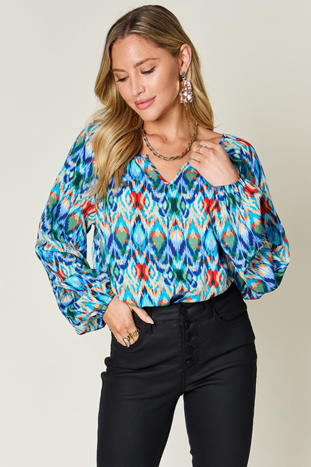 blue geometric jewel print blouse size inclusive v-neck versatile woman's top