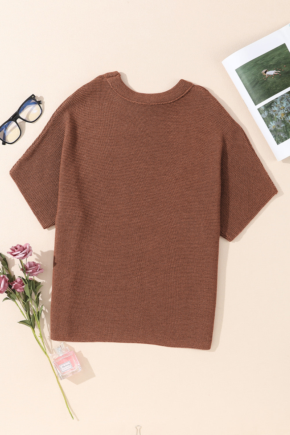 Coffee High Neck Short Bat Sleeve Sweater