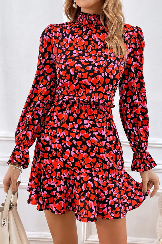 Red Heart Shape Print Long Sleeve Mini Dress