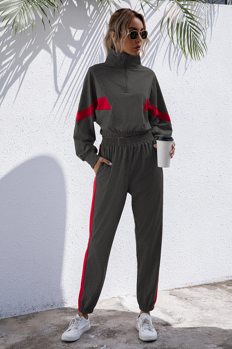 Turtle Neck Long Sleeve Zip-Up Matching Stripe Jogger Set