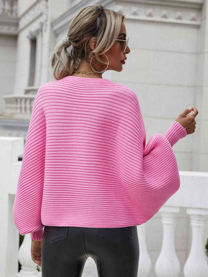 Woven Right Horizontal Ribbing Dolman Sleeve Sweater