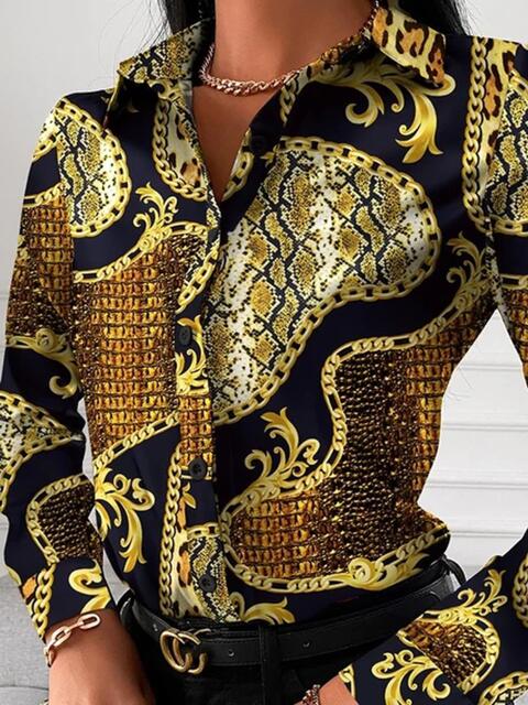 Gorgeously Printed Collared Neck Long Sleeve Shirt