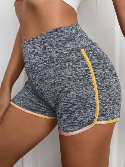 Women's grey heathered gym shorts with colored trim