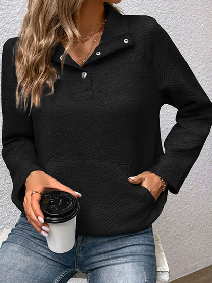 Raglan Sleeve Collared Neck Pullover with Pocket