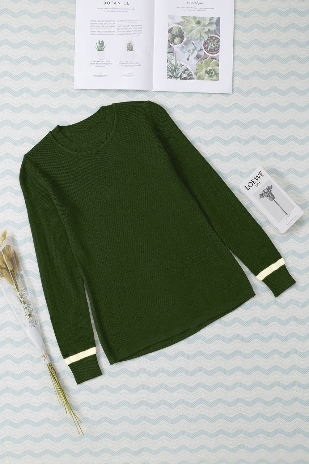 Round Neck Contrast Long Sleeve Soft Knit Top