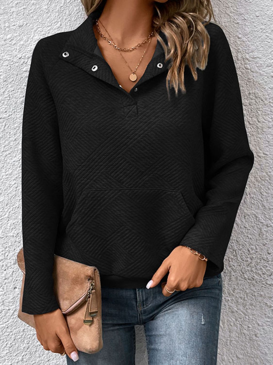 Raglan Sleeve Collared Neck Pullover with Pocket