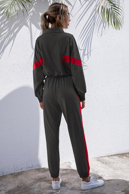 Turtle Neck Long Sleeve Zip-Up Matching Stripe Jogger Set