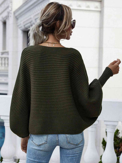 Woven Right Horizontal Ribbing Dolman Sleeve Sweater