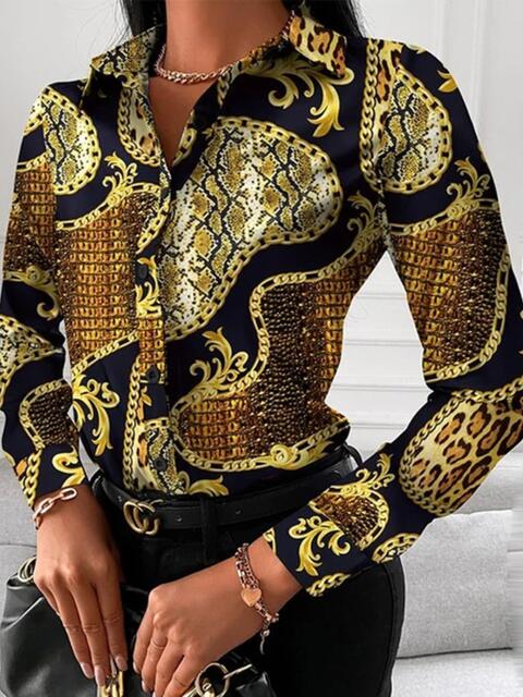 Gorgeously Printed Collared Neck Long Sleeve Shirt