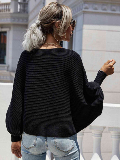 Woven Right Horizontal Ribbing Dolman Sleeve Sweater