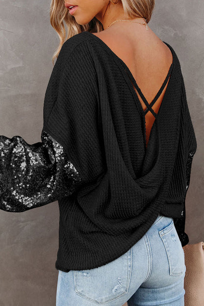 Sophie Sequin Sleeve Waffle-Knit Blouse