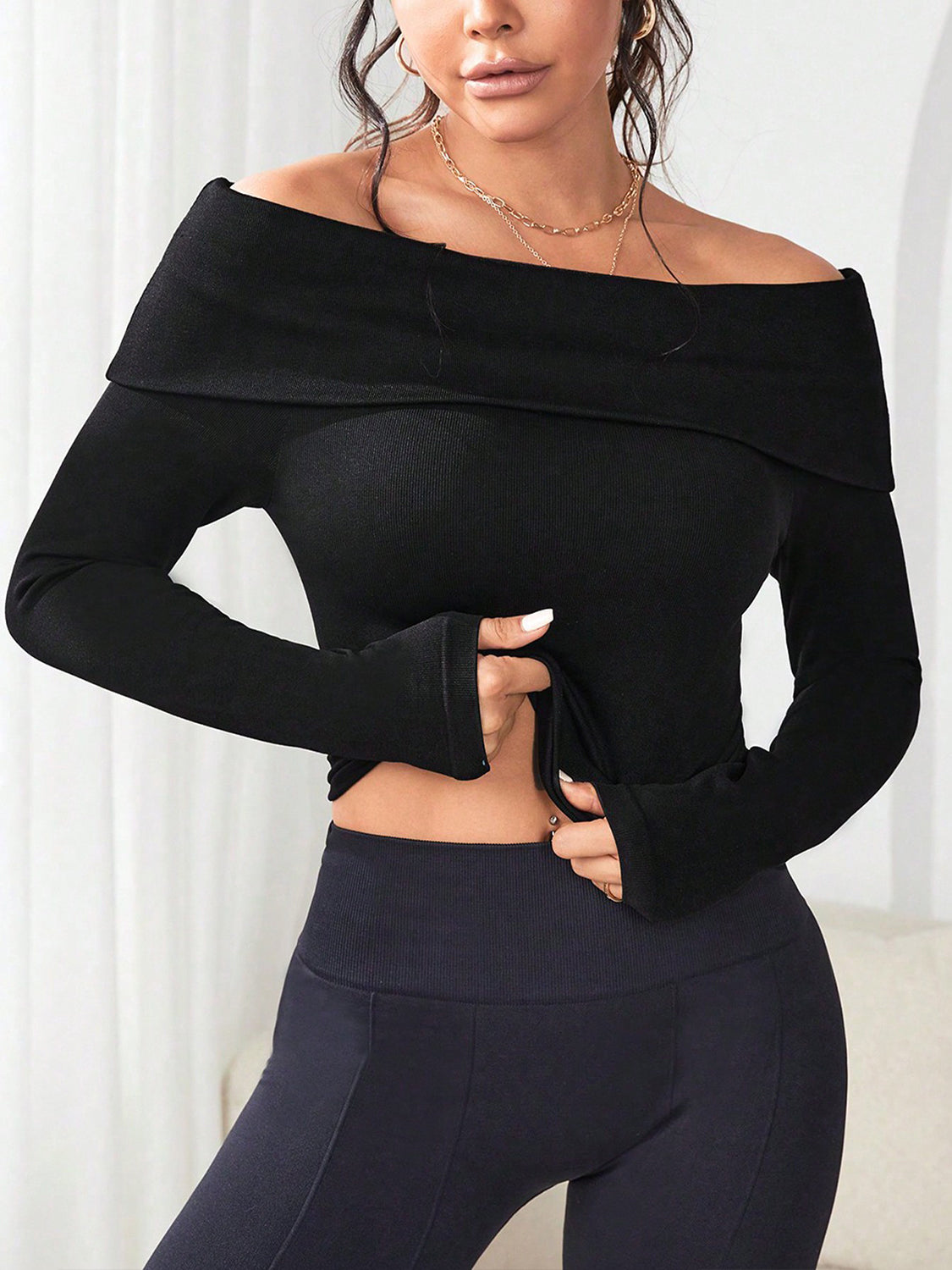 Off-Shoulder Long Sleeve Soft Knit Top