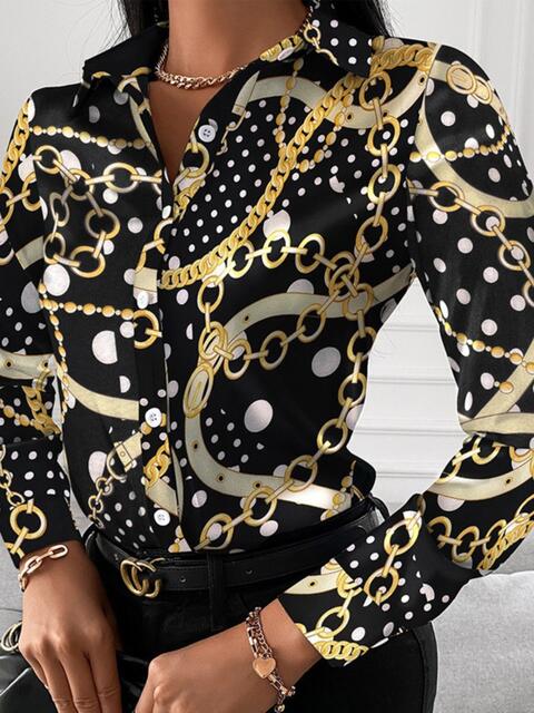 Gorgeously Printed Collared Neck Long Sleeve Shirt