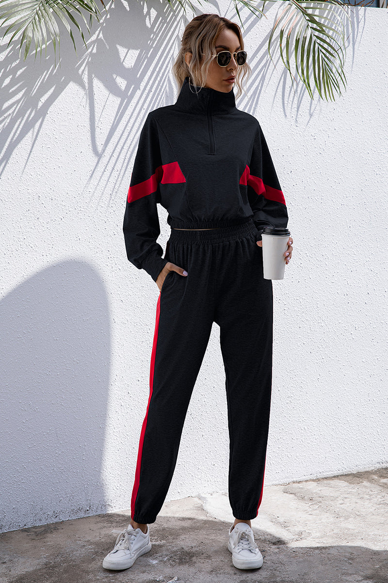 Turtle Neck Long Sleeve Zip-Up Matching Stripe Jogger Set