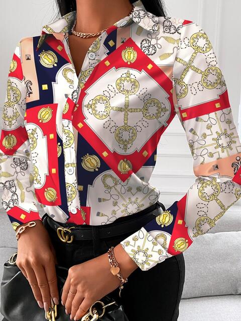 Gorgeously Printed Collared Neck Long Sleeve Shirt