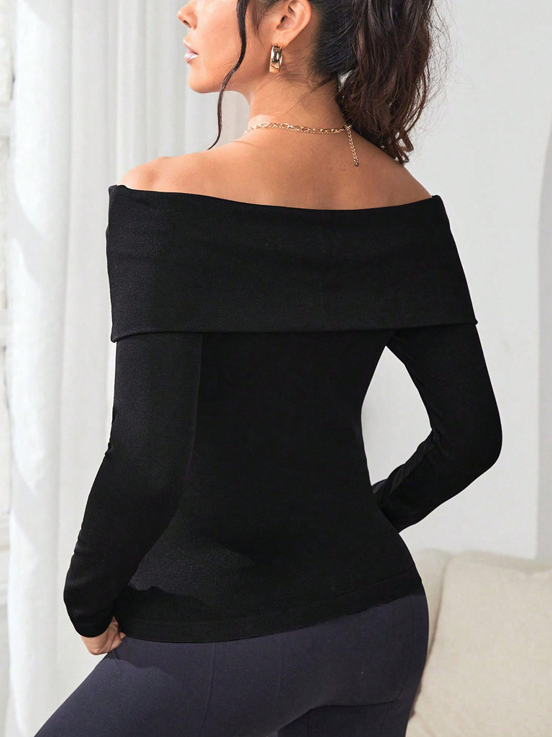 Off-Shoulder Long Sleeve Soft Knit Top