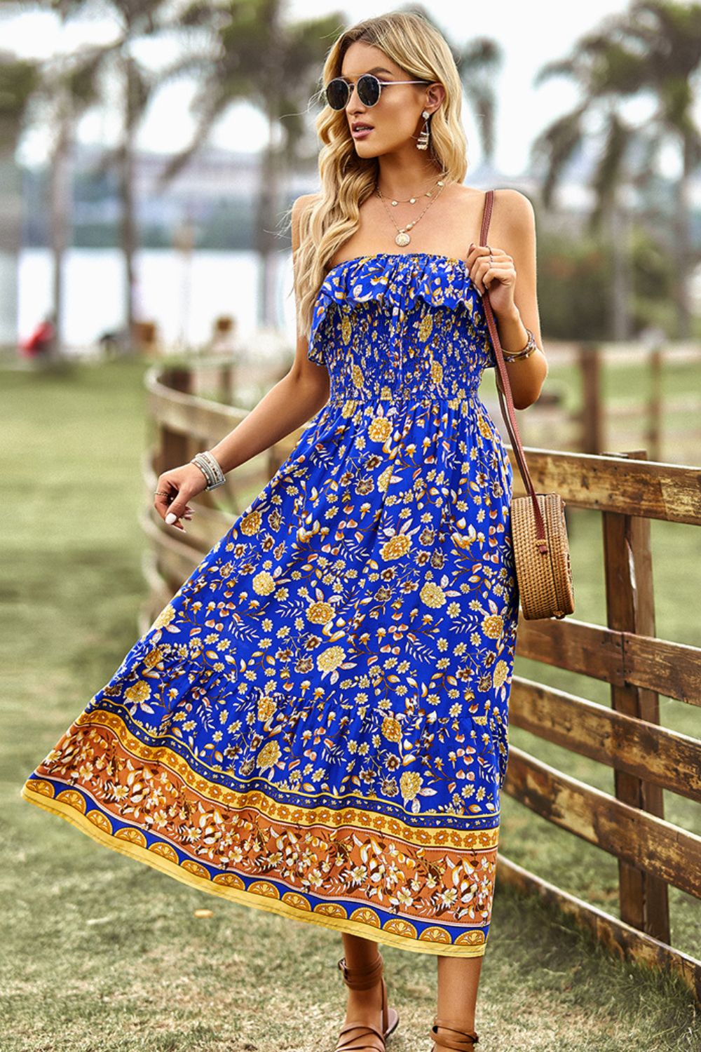 blue floral strapless bohemian dress
