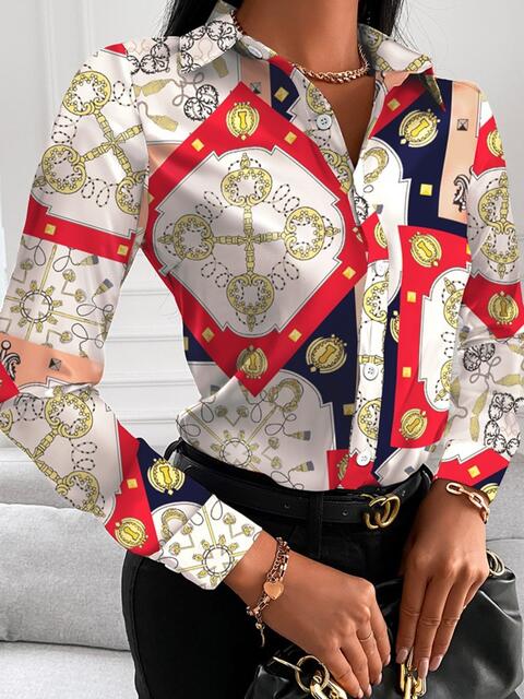 Gorgeously Printed Collared Neck Long Sleeve Shirt