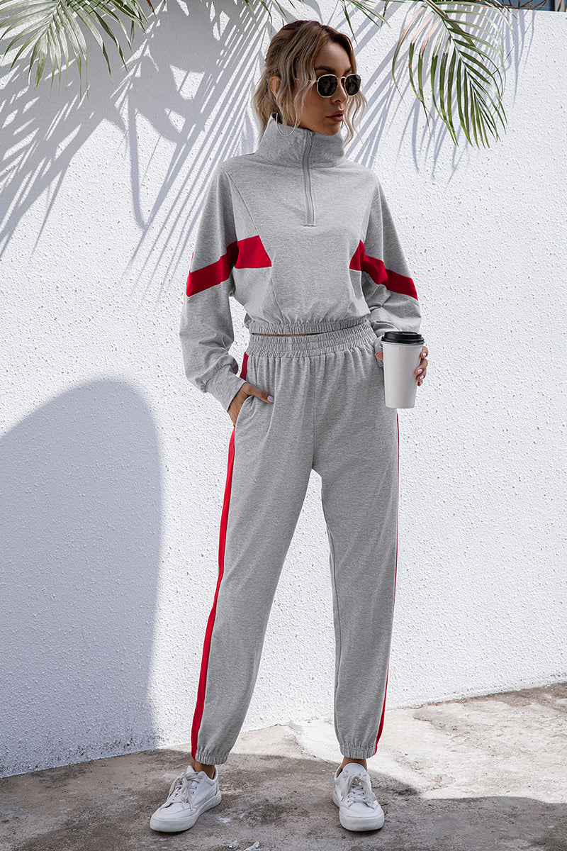 Turtle Neck Long Sleeve Zip-Up Matching Stripe Jogger Set