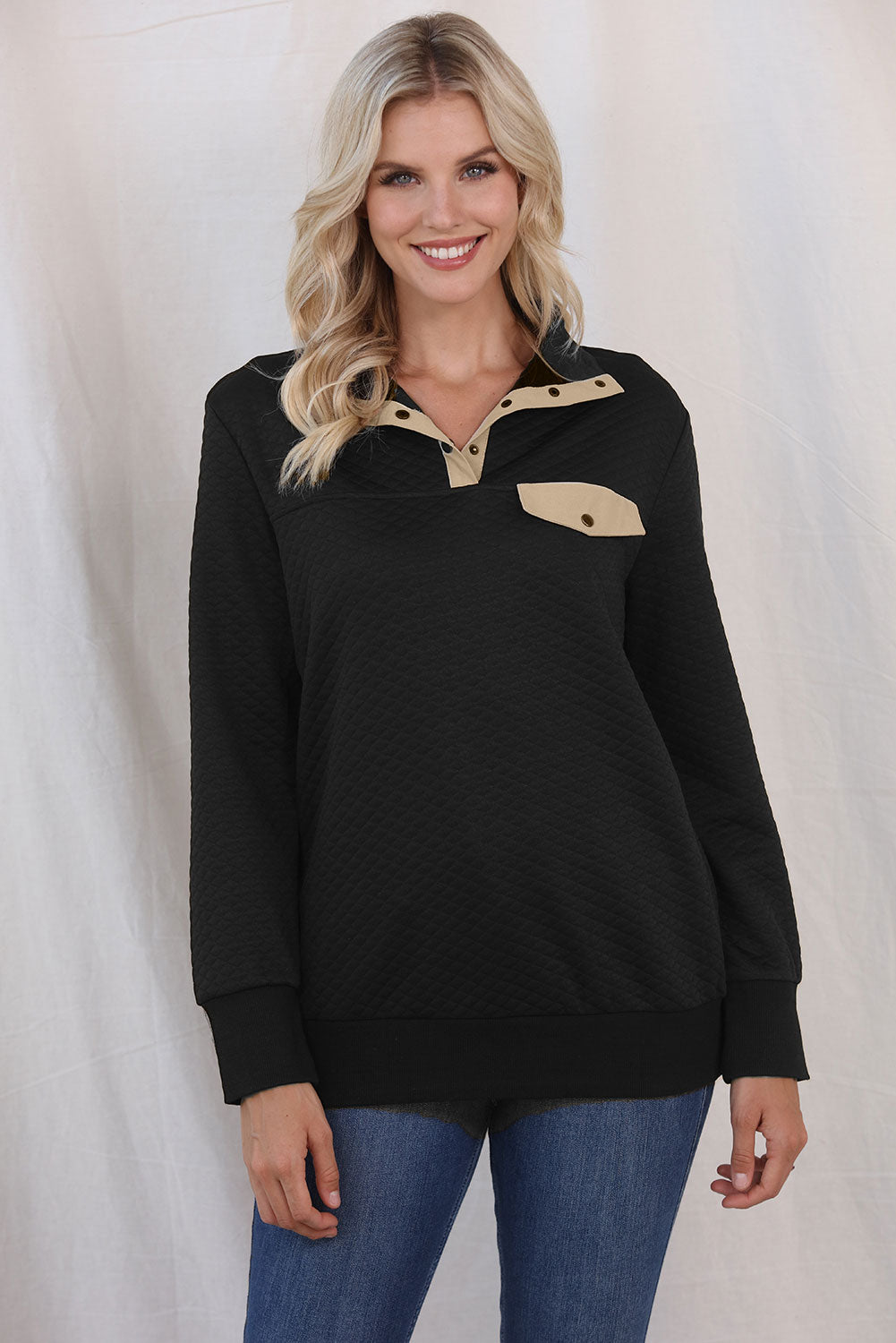 Contrast Collared Neck Long Sleeve Top