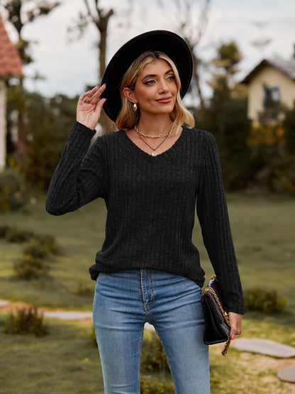 Ribbed V-Neck Long Sleeve Tee