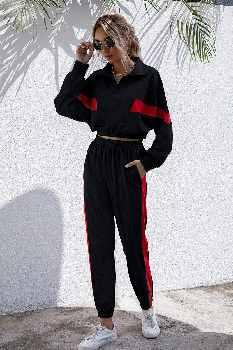 Turtle Neck Long Sleeve Zip-Up Matching Stripe Jogger Set