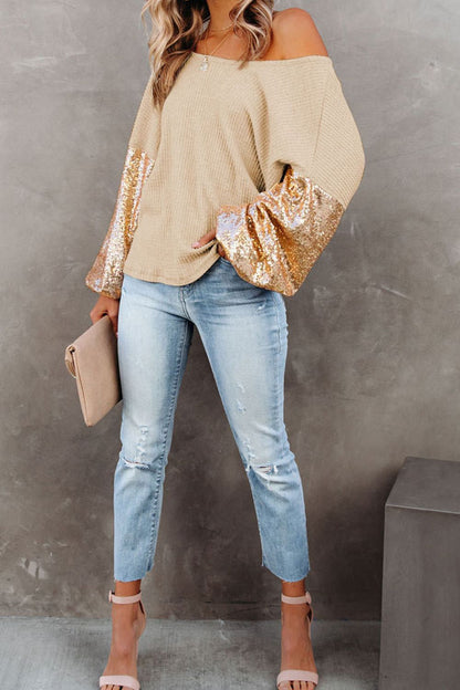 Sophie Sequin Sleeve Waffle-Knit Blouse