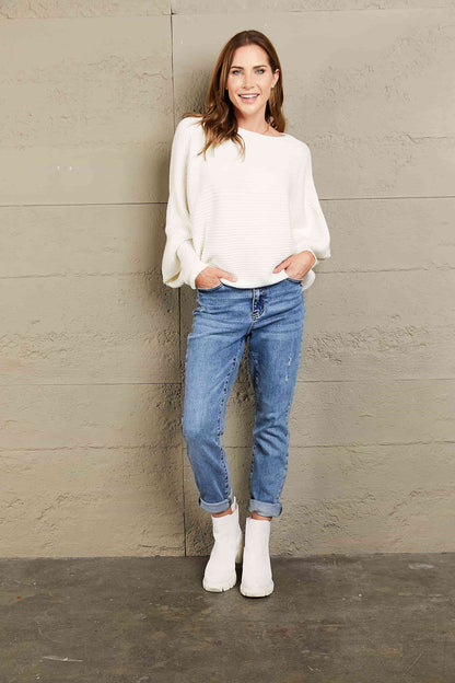 Woven Right Horizontal Ribbing Dolman Sleeve Sweater