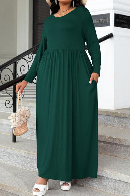 Woman's Classic Long Sleeve Round Neck Dark Green Maxi Dress Size Inclusive Plus Size