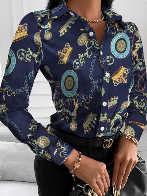 Gorgeously Printed Collared Neck Long Sleeve Shirt