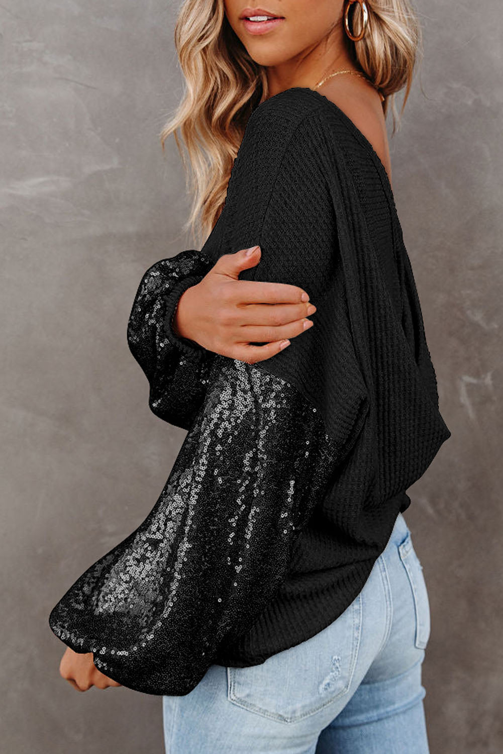 Sophie Sequin Sleeve Waffle-Knit Blouse