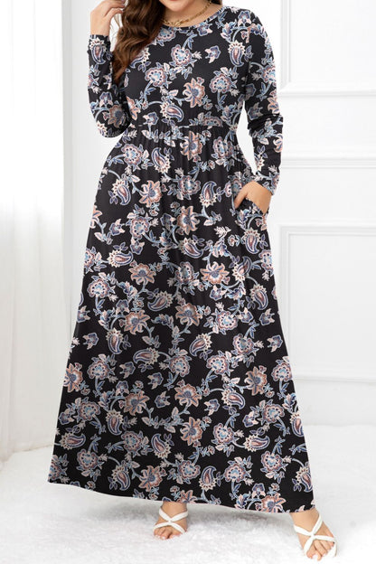 Floral Classic Maxi Dress Size Inclusive Round Neck Long Sleeve All Occasion