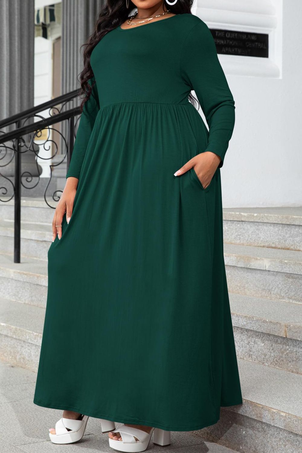 Round Neck Long Sleeve Maxi Dress with Pockets
