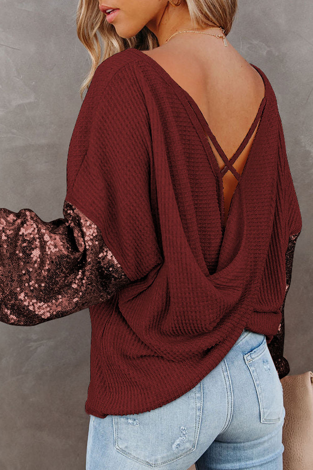 Sophie Sequin Sleeve Waffle-Knit Blouse