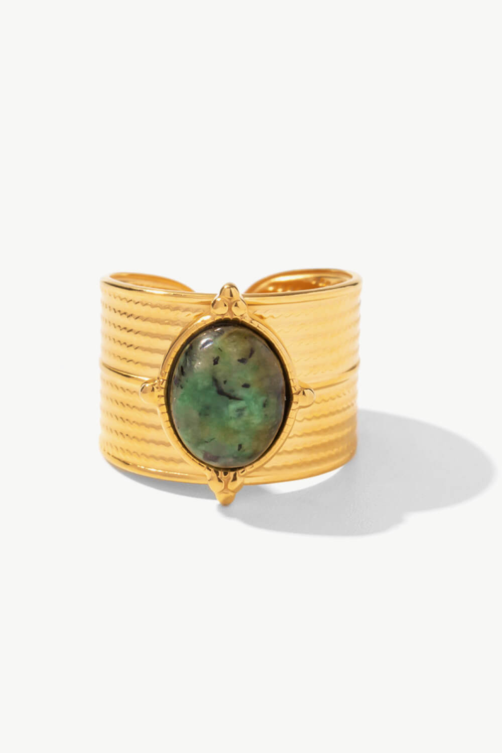 Wide Gold Band Green Stone Ring