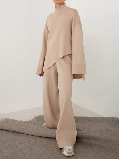 Two Piece Knit with Asymmetrical Hem, Long Sleeves Mock Turtleneck and Comfortable Long Pant