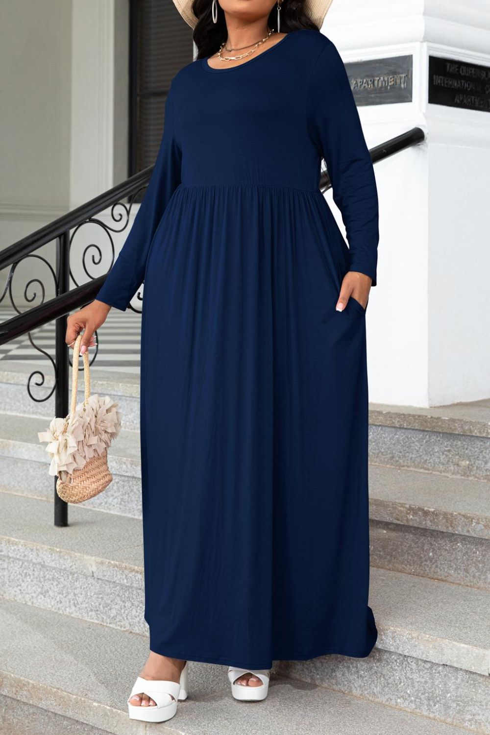 Classic Woman's Dress Navy Scoop Neck Maxi Long Sleeve Dress