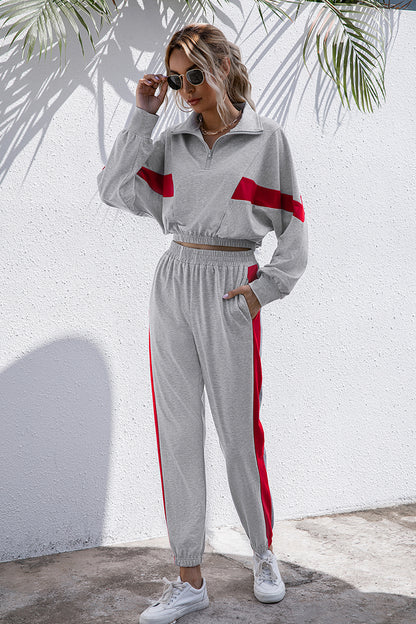 Turtle Neck Long Sleeve Zip-Up Matching Stripe Jogger Set