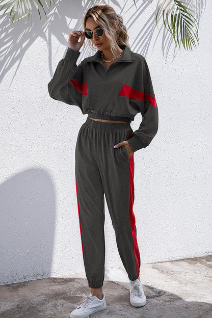 Turtle Neck Long Sleeve Zip-Up Matching Stripe Jogger Set