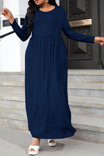 Round Neck Long Sleeve Maxi Dress with Pockets